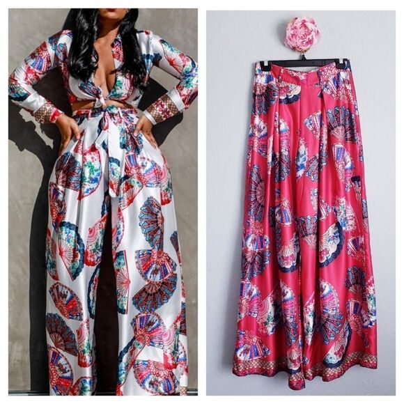 Nichole Lynel Red Japenese Folding Fan Wide Leg Palazzo Pants - Picture 1 of 11